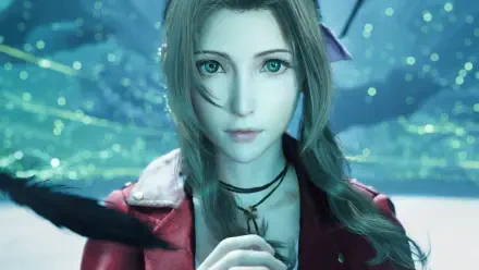 Aerith Gainsborough from Final Fantasy VII Rebirth gazes thoughtfully in this stunning 4K Ultra HD wallpaper, set against a vibrant, magical background.