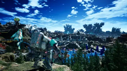 A vibrant HD wallpaper from the video game SYNDUALITY Echo of Ada, featuring a character in a mech suit overlooking a stunning, scenic landscape with a serene blue sky.