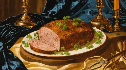 A beautifully presented meatloaf on a decorative plate, garnished with parsley, set against a luxurious blue fabric backdrop. This rich imagery serves as a stunning 4K Ultra HD desktop wallpaper.