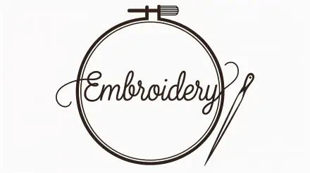 A stylish 4K Ultra HD desktop wallpaper featuring the word Embroidery elegantly displayed within a circular embroidery hoop and accompanied by a needle.