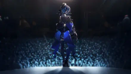 4K Ultra HD anime wallpaper featuring Hoshimachi Suisei from hololive, depicted as a Virtual YouTuber standing on stage in futuristic armor before a glowing audience.
