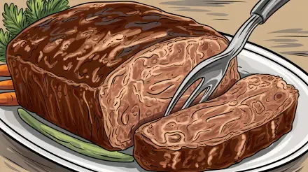 A mouthwatering meatloaf, sliced and ready to serve, showcased on a plate with a fork beside it. This 4K Ultra HD wallpaper enhances any desktop background.