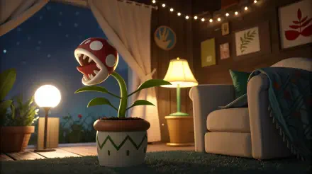 A vibrant piranha plant sits in a decorative pot in a cozy room, illuminated by warm lights and surrounded by stylish furnishings, perfect as a 4K Ultra HD PC desktop wallpaper.