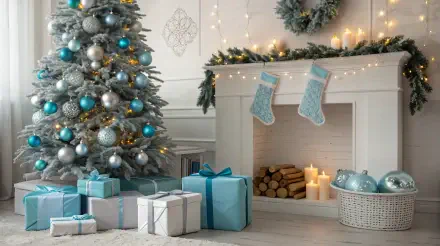 A cozy holiday scene featuring a decorated Christmas tree, wrapped gifts, a lit fireplace with candles, and stockings hung, all adorned with teal and silver accents. 4K Ultra HD wallpaper.