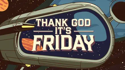 A vibrant 4K Ultra HD desktop wallpaper featuring the phrase Thank God It's Friday, set against a cosmic background with a spacecraft theme.