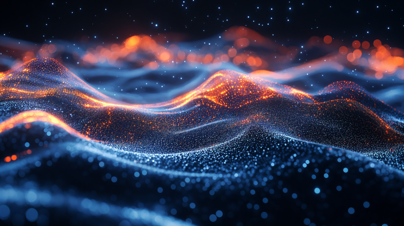 {{ A dynamic waveform pattern with glowing particles, creating a stunning visual effect. This 4K Ultra HD image serves as an engaging desktop wallpaper and background. 