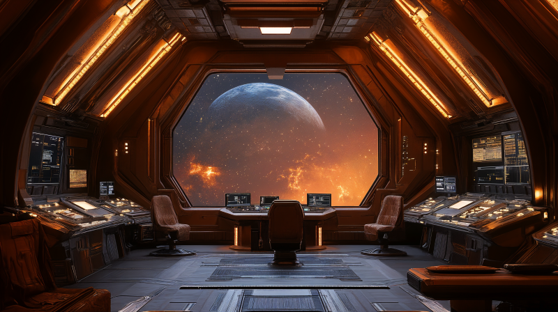 {{ A futuristic starship bridge featuring sleek consoles and a panoramic view of a planet amidst cosmic scenery, perfect for a 4K Ultra HD PC desktop wallpaper. 