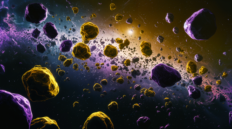 {{ A breathtaking 4K Ultra HD desktop wallpaper depicting a vibrant asteroid field, showcasing colorful asteroids floating through a cosmic backdrop of ethereal light. 