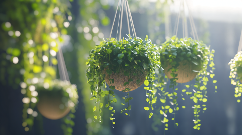 {{ A vibrant image of hanging plants, showcasing lush green foliage in decorative planters. This 4K Ultra HD wallpaper creates a refreshing and tranquil atmosphere. 