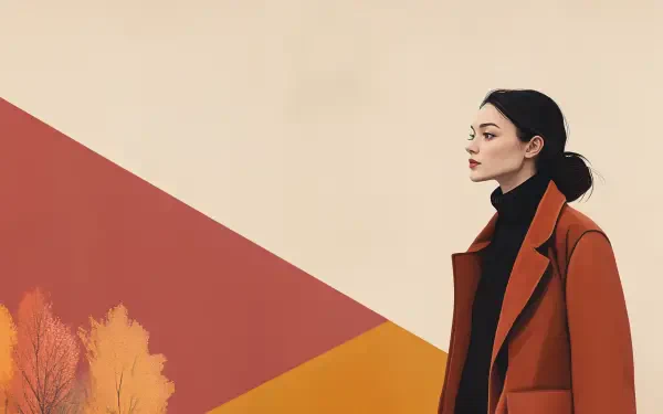 A woman in a stylish fall outfit stands against a backdrop of warm autumn colors, capturing the essence of fall fashion in a 4K Ultra HD wallpaper.