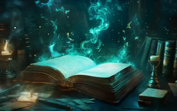 A captivating fantasy scene featuring a glowing spellbook surrounded by mystical smoke, candles, and scattered pages, set against a dark, enchanting background. Perfect 4K Ultra HD wallpaper.