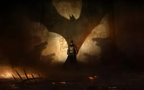 A dramatic scene from Batman: Arkham Shadow, featuring Batman in a dark environment with his iconic shadow cast on the wall, creating an intense atmosphere. HD PC desktop wallpaper.