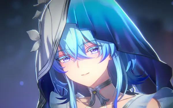 A vibrant HD wallpaper featuring the character Shorekeeper from the video game Wuthering Waves, showcasing a captivating expression with striking blue hair and a unique hooded outfit.