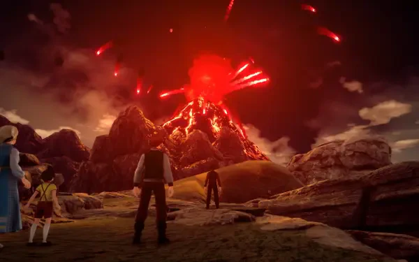 A dramatic scene from Romancing SaGa 2: Revenge of the Seven, depicting characters gazing at an erupting volcano against a striking HD landscape.