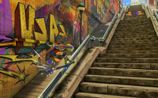 A vibrant HD wallpaper from **Teenage Mutant Ninja Turtles: Mutants Unleashed**, featuring a turtle skating down a colorful graffiti-covered staircase, showcasing action and urban art.
