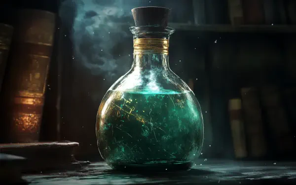 A mystical potion bottle glows with an enchanting green liquid, set against a backdrop of ancient books, creating a captivating fantasy atmosphere in this 4K Ultra HD wallpaper.