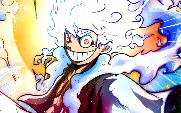 Vibrant 8K Ultra HD One Piece PC wallpaper featuring a dynamic character with fiery hair, intense eyes, and a wide grin against a bright, energetic background.