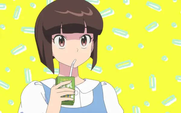 HD PC desktop wallpaper of a Ranma ½ anime character with short brown hair in a blue dress sipping a juice box against a bright yellow, popsicle-patterned background.