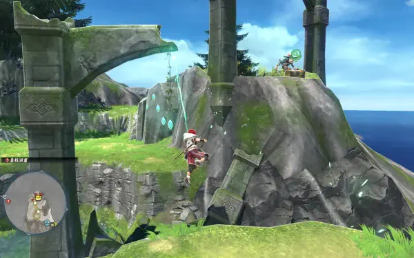 A scenic HD wallpaper from the video game Ys X: Nordics, featuring a character skillfully navigating a lush landscape with ancient ruins and a coastal backdrop.