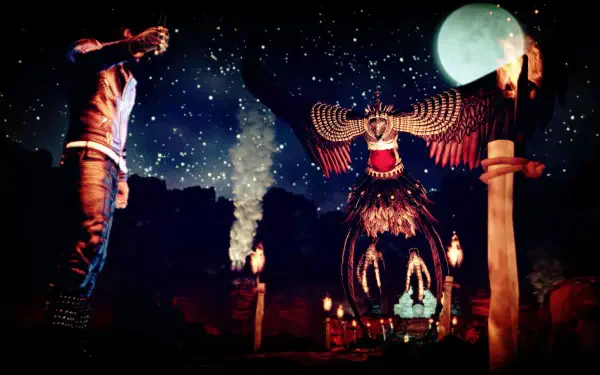 A gripping scene from Shadow Of The Damned: Hella Remastered, featuring a mysterious character against a starry backdrop, illuminated by a large moon and eerie statues.