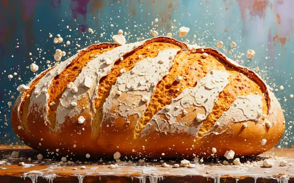 A beautifully baked sourdough loaf with a golden crust and flour dusting, showcased against a vibrant, colorful background. High-resolution 4K Ultra HD wallpaper for desktop use.