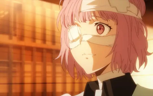 A character from Ron Kamonohashi's Forbidden Deductions with pink hair and an eye bandage gazes thoughtfully, set against a warm, illuminated background. HD desktop wallpaper.