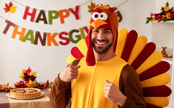 A cheerful man in a turkey costume smiles and poses against a festive backdrop featuring Happy Thanksgiving decorations and a pie, creating a warm holiday atmosphere.