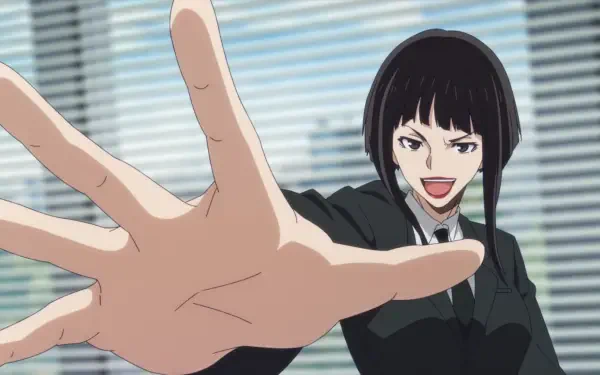 A dynamic scene from the anime Ron Kamonohashi's Forbidden Deductions, featuring a confident character in a suit extending her hand against a backdrop of modern office blinds.