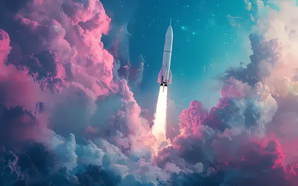 A stunning rocket launches through vibrant, colorful clouds against a starry sky, creating a captivating scene for a 4K Ultra HD PC desktop wallpaper and background.