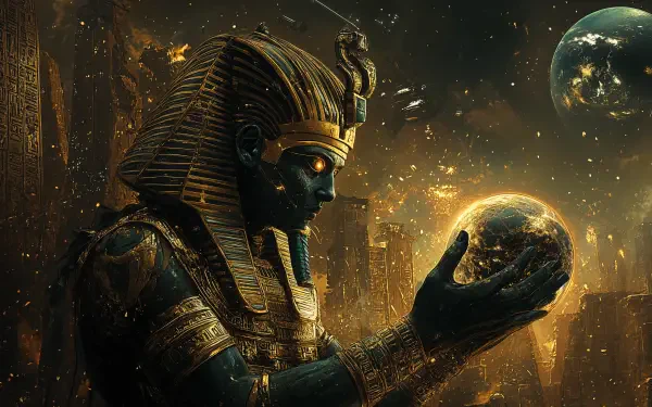 A majestic Egyptian Pharaoh holds a glowing orb amidst a backdrop of ancient pyramids and celestial elements, depicted in vibrant 4K Ultra HD quality.