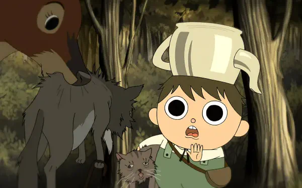 A scene from the TV show Over the Garden Wall, featuring a child with a pot on his head, surrounded by a deer and a cat in a dark forest setting. HD wallpaper background.