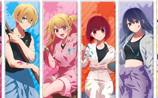 HD PC desktop wallpaper featuring vibrant anime characters from Oshi no Ko, each portrayed with distinct colors and dynamic expressions.