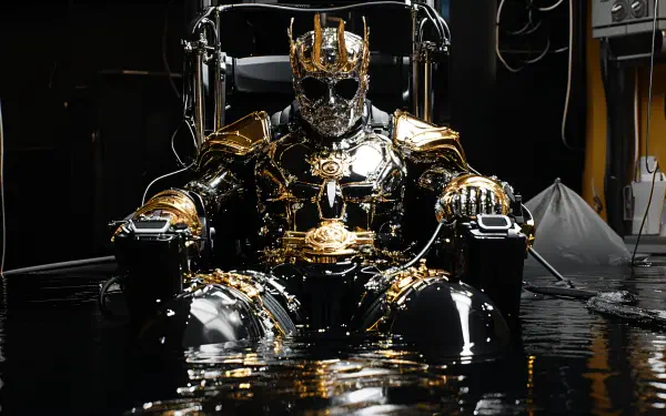 A striking sci-fi scene featuring a figure in ornate, gold-detailed armor, seated in a dark, reflective environment, captured in stunning 4K Ultra HD.