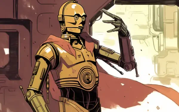 An HD desktop wallpaper featuring C-3PO from Star Wars, showcasing the iconic protocol droid in a dynamic pose against a stylized background.