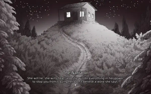 A monochromatic landscape featuring a solitary house on a hill, surrounded by trees under a starry sky. Text from Slay the Princess — The Pristine Cut conveys a mysterious narrative.