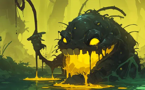 A fantasy creature emerges from murky waters, glowing yellow eyes and a toothy grin, surrounded by a dark, enchanted forest. This vibrant 4K Ultra HD wallpaper captivates the imagination.