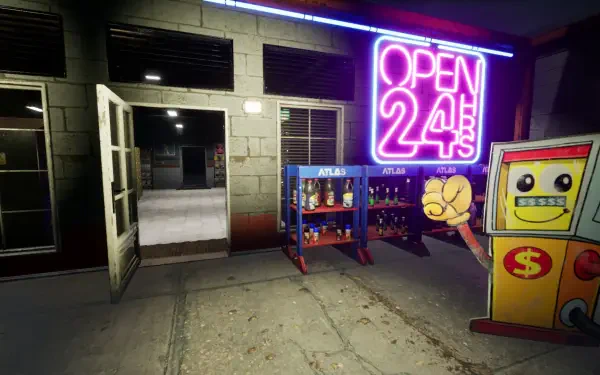 A vibrant HD wallpaper from the video game Massacre At The Mirage, featuring a neon Open 24/7 sign outside a convenience store with vending machines.