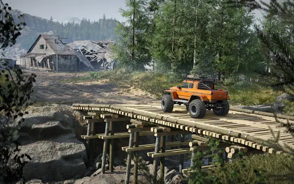 A vibrant HD wallpaper from RoadCraft, showcasing an orange truck crossing a wooden bridge in a scenic, forested landscape with remnants of a building in the background.