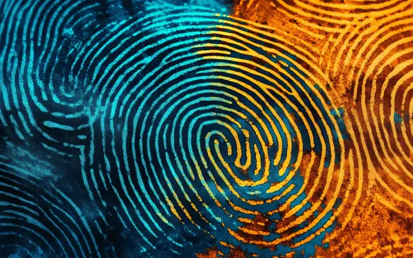 A vibrant 4K Ultra HD wallpaper featuring an abstract pattern of blue and orange fingerprint swirls, creating a dynamic and visually striking background.