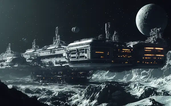 A stunning 4K Ultra HD wallpaper depicting a sci-fi asteroid mining colony, featuring futuristic spacecraft set against a dramatic cosmic backdrop with planets and asteroids.
