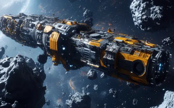 A detailed sci-fi asteroid mining colony featuring a large, futuristic spacecraft navigating through a dense field of asteroids, showcasing a vibrant and immersive space environment.