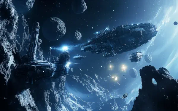 A stunning 4K Ultra HD image of a sci-fi asteroid mining colony, featuring futuristic ships and mining structures amidst a dramatic, starry backdrop.