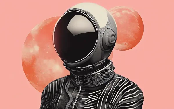 Aesthetic HD desktop wallpaper featuring an astronaut in a striped suit against a soft pink background with two celestial bodies, evoking a sense of wonder and exploration.