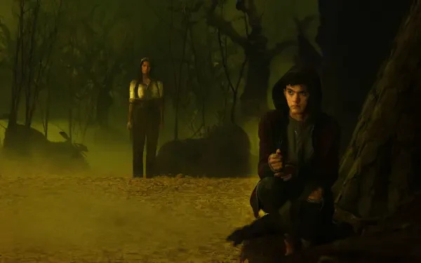 A captivating 4K Ultra HD wallpaper from the TV show Agatha All Along, featuring two characters in a mysterious, dark forest setting, enhancing the intrigue and atmosphere.