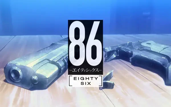 Eighty Six 2K Quad HD PC desktop wallpaper: battered handgun and broken pistol frame on a wooden floor, bold 86 title with EIGHTY SIX label centered.