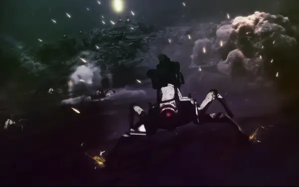 Eighty Six 2K Quad HD PC desktop wallpaper: silhouetted pilot atop a spider-like mecha, dark clouded battlefield with distant explosions and drifting debris.