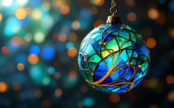 A vibrant stained glass ornament in rich blues and greens, suspended against a blurred background of shimmering bokeh lights, creates a stunning 4K Ultra HD desktop wallpaper.