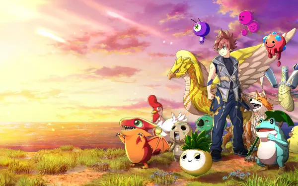 HD PC desktop wallpaper featuring a character and colorful creatures from the video game Farmagia against a vibrant sunset landscape.