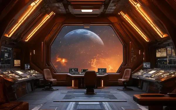 A futuristic starship bridge featuring sleek consoles and a panoramic view of a planet amidst cosmic scenery, perfect for a 4K Ultra HD PC desktop wallpaper.