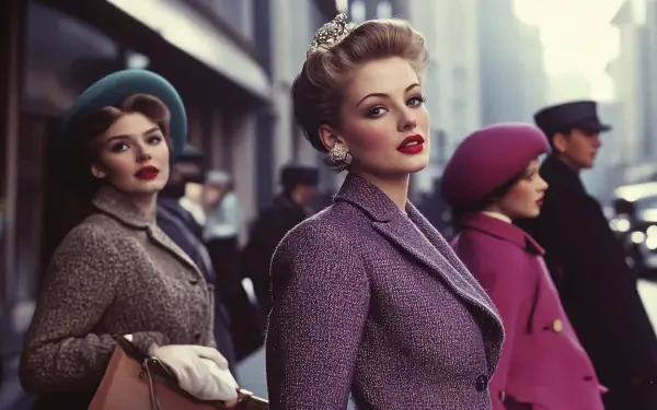 A vintage fashion scene featuring elegantly dressed women in stylish coats and hats, set against a classic urban backdrop, captured in vibrant 4K Ultra HD detail.
